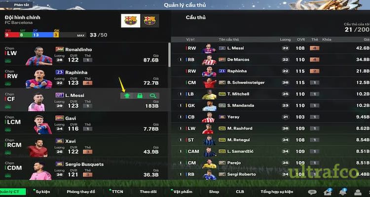 Bước 2: chọn nâng cấp cầu thủ