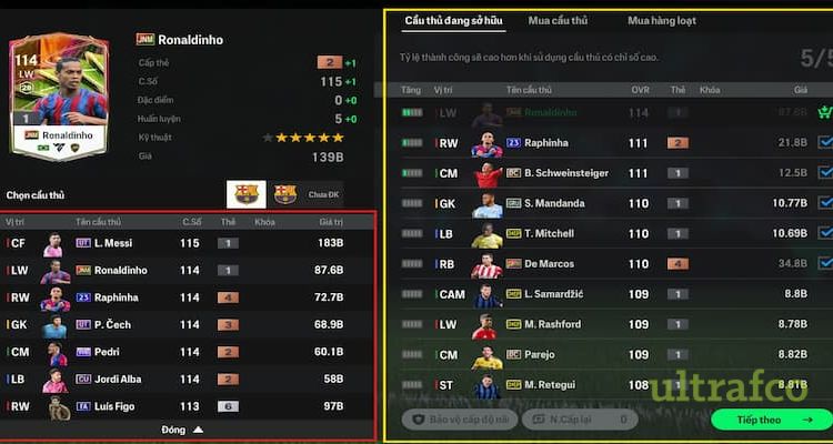 Bước 3: Chọn cầu thủ cần nâng cấp và tìm phôi